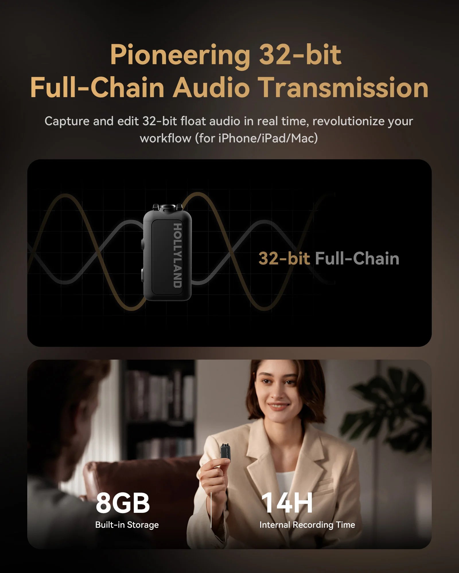 Hollyland LARK MAX 2 Professional Wireless Microphone 32bit Full-Chain Audio AI Noise Cancel for iPhone Camera Android Mic